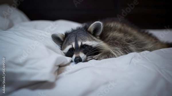 Fototapeta Raccoon in Bed, White Bedding. Generative AI.