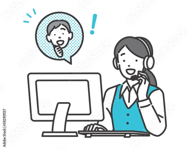 Obraz 顧客の質問や不安を解決するコールセンターで働く女性オペレーターのベクターイラスト素材／サービス／説明／ビジネス