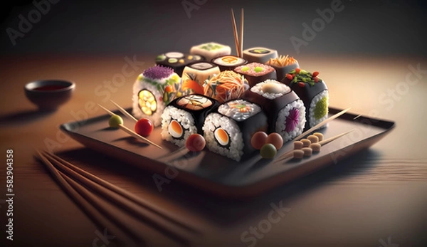 Fototapeta Delicious Japanese Cuisine Sushi with Chopsticks