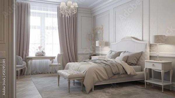 Fototapeta Bedroom on minimalist modern classic style interior background. Generative AI technology.