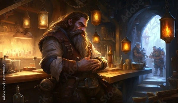 Obraz Generative AI, fantasy Tavern, medieval Tavern, medieval building,dwarf,zwerg,
fantasy Taverne, mittelalterliche Taverne, mittelalterliche Gebäude.

