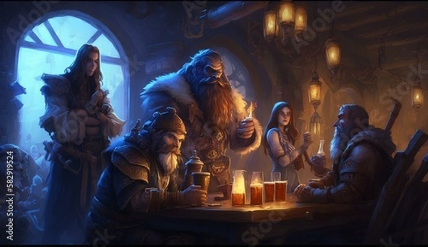 Obraz Generative AI, fantasy Tavern, medieval Tavern, medieval building,dwarf,zwerg,
fantasy Taverne, mittelalterliche Taverne, mittelalterliche Gebäude.