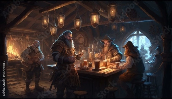 Fototapeta Generative AI, fantasy Tavern, medieval Tavern, medieval building,dwarf,zwerg,
fantasy Taverne, mittelalterliche Taverne, mittelalterliche Gebäude.
