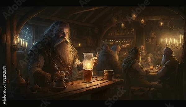 Obraz Generative AI, fantasy Tavern, medieval Tavern, medieval building,dwarf,zwerg,
fantasy Taverne, mittelalterliche Taverne, mittelalterliche Gebäude.
