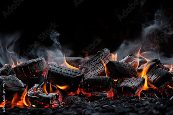 Fototapeta Charcoal For Barbecue Background With Flames, AI Generative