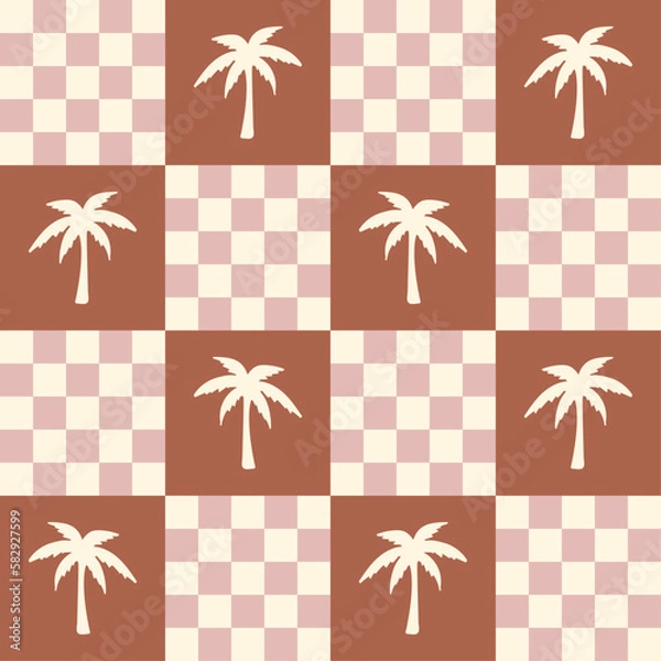 Obraz Palm Tree Check Seamless Pattern Vector illustration ivory-Pink color Print
