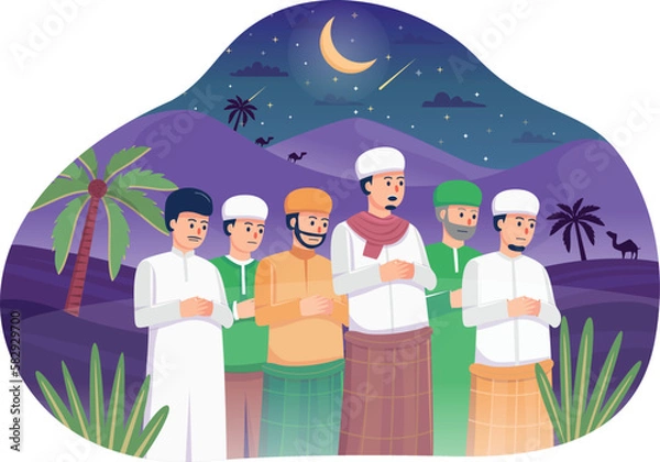 Obraz Group of Muslims man pray together, Prayer in congregation islamic flat illustration- Salat jamaah