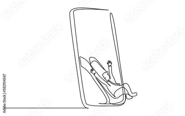 Fototapeta man slides out from inside big mobile phone happy internet surfing application advertisement