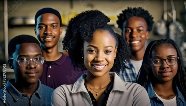 Fototapeta Group of Diverse and Empowered African American Black Youth High School Students Working Together in Science Club : Power of Collaboration in Clubs, Sports Teams (generative AI)