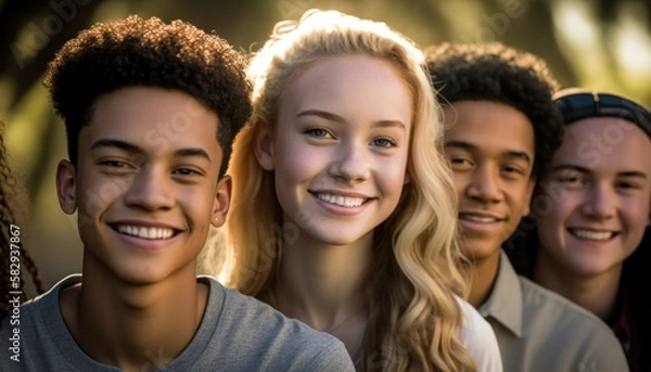 Fototapeta Group of Diverse and Empowered Multiracial Youth High School Students Working Together in Key Club : Power of Collaboration in Clubs, Sports Teams (generative AI)