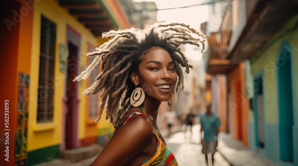 Obraz Image Generated Artificial Intelligence. Young afro woman dancing cheefully on the street