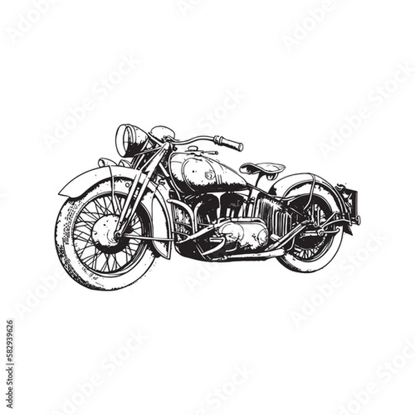 Fototapeta Retro motorcycle, black and white detailed vector illustration isolated without backdrop, flat style. Icon of a stylish vintage motorbike with details for decoration and design without a background 