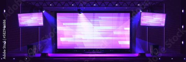 Obraz Tv show stage background with led screen panel. Concert studio with led monitor display on wall and spotlight on scene. Video or music entertainment game contest stand with glowing lamp.