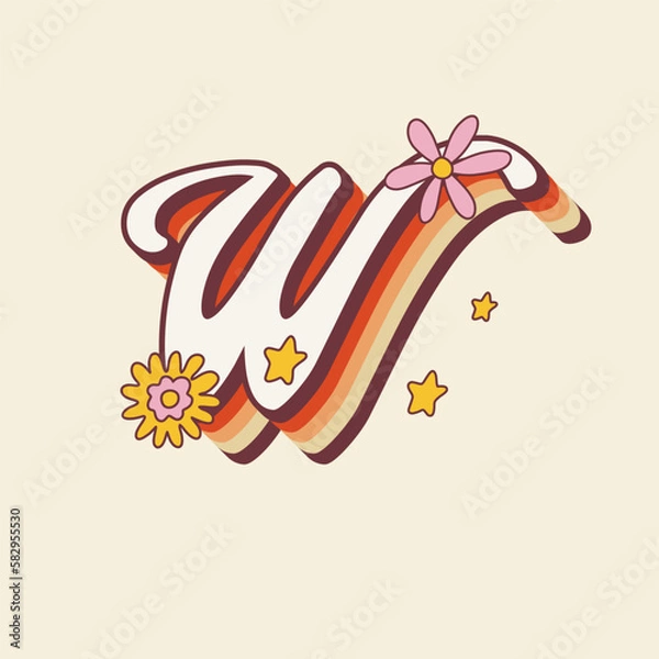 Fototapeta Groovy retro hippie stylized Initial Letter W with flowers. Seventies letter for nostatgic print or poster.