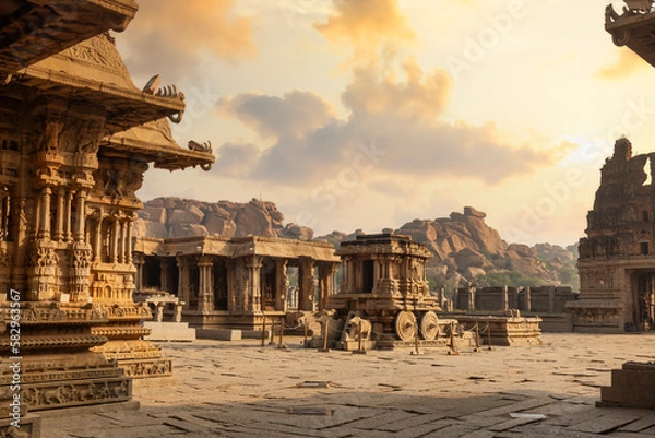 Fototapeta Ancient stone architecture city ruins at Vijaya Vittala temple complex at Hampi Karnataka, India at sunrise