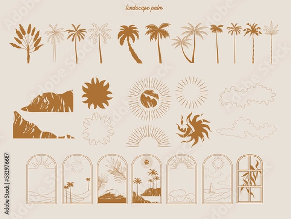 Fototapeta Collection of Summer Boho linear symbols, icons design. Sun, palm tree, landscape. Editable Vector Illustration.