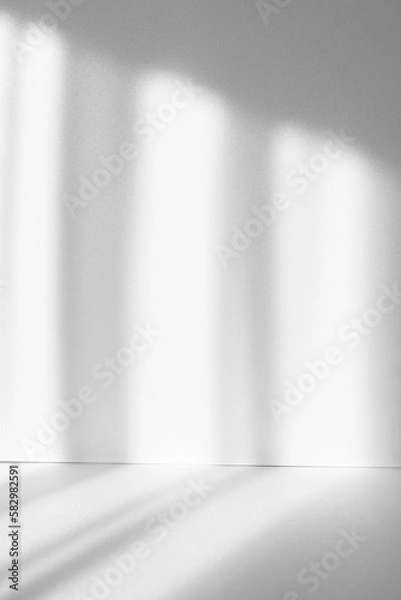 Fototapeta Abstract white studio background for product presentation. Empty room with shadows of window. Display product with blurred backdrop.