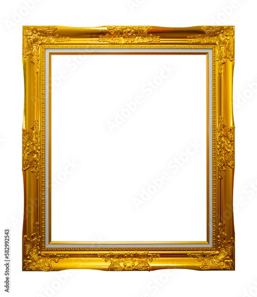 Fototapeta Golden frame for paintings isolated on white background, Full transparent PNG.