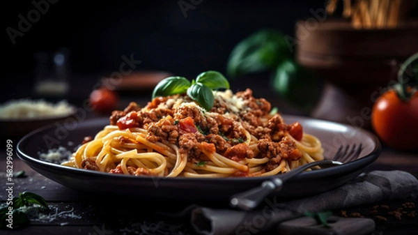 Fototapeta Deliciously Spiced Bolognese Pasta with Perfectly Cooked Al Dente Noodles