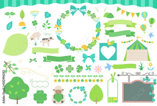 Obraz 新緑のイラストとフレームセット 文字なし / あしらい、緑、リボン、飾り枠、自然, 葉,見出し,ベクター