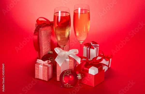 Obraz Two wine glasses, gift boxes with bows