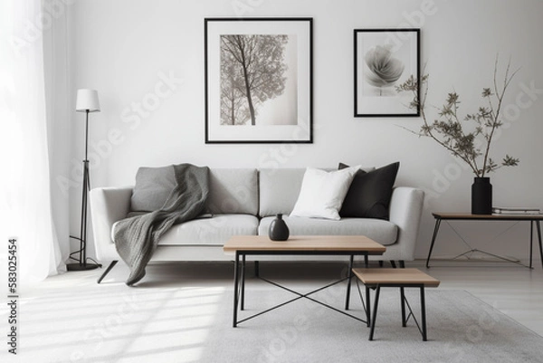 Fototapeta Modern living room in grey and beige colors, interior created with ai generative tools