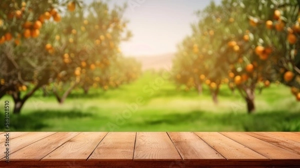 Fototapeta wooden table for product display with bokeh background of a natural green easter field ,Generative AI.
