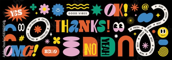 Obraz Naiwne zabawne streszczenie kształty naklejki. Groovy Circle Oval Rectangle Arch Oczy typografia w modnym stylu kreskówek retro 90s. Ilustracja wektorowa z falistymi elementami geometrycznymi. Brutalizm estetyczny.