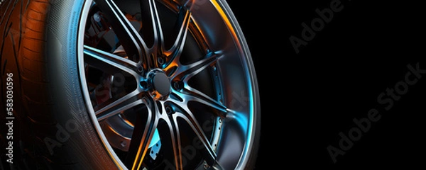 Fototapeta Close-up photo of a car wheel in the black background studio.