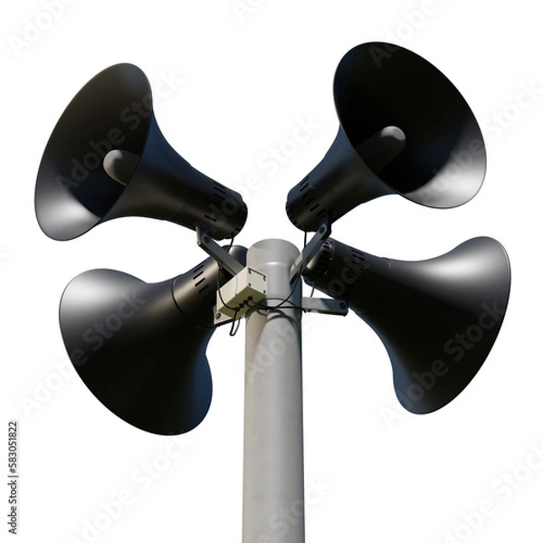 Fototapeta Black public address notification megaphones on a post, 3d rendering. Outdoor notification loudspeakers for announcement or air raid alert, isolated