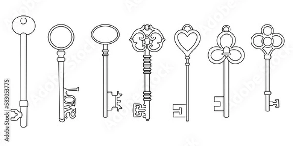 Fototapeta Keys linear drawing. Isolated image, vector. Beautiful fantasy keys for scrapbooking, decoupage.

