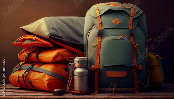 Obraz Travel bags in front of a camping tent, hiking gear.. Generate Ai