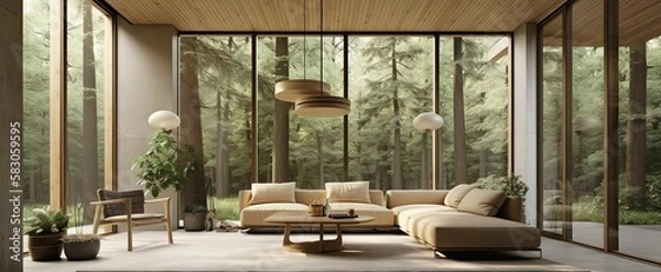 Obraz a modern open plan living room, dining and kitchen interior with a view of the forest