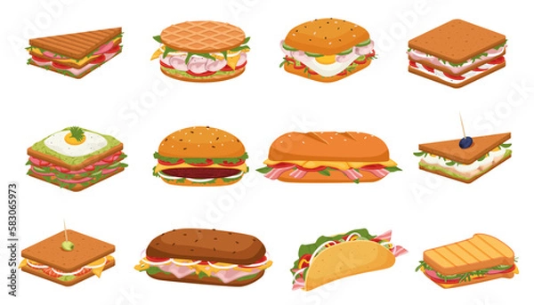 Fototapeta Subs and Sandwiches of Black and Wheaten Bread. Delicious panini with vegetables, salmon and meat. Crispy toast, croissant and bun sandwiches vector set.