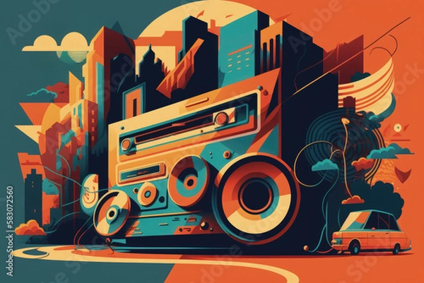 Fototapeta Flat retro design: Vintage music player, сassette, record, and musical mood in city | Generative AI Production