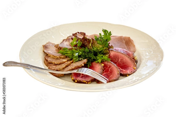 Fototapeta Appetizer plate with a meat selection. Sliced baked ham. Isolated