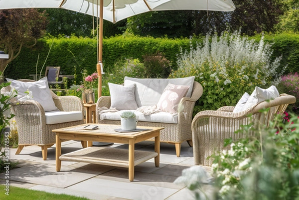Obraz Charming Serene Garden Patio With Cozy Outdoor Furniture, Accent Pillows and Relaxing Setting