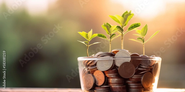Fototapeta Cultivating Wealth: A Small Plant Thriving in a Pot Full of Coins Against a Sunny Background Representing Investment Growth. generative ai.