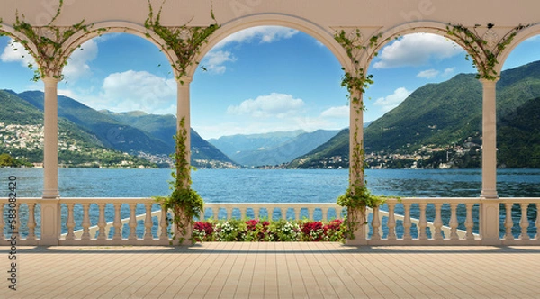 Obraz Beautiful view from the terrace over Lake Como and the mountains. Terrace with columns and balustrade of a Mediterranean palazzo on a sunny day.