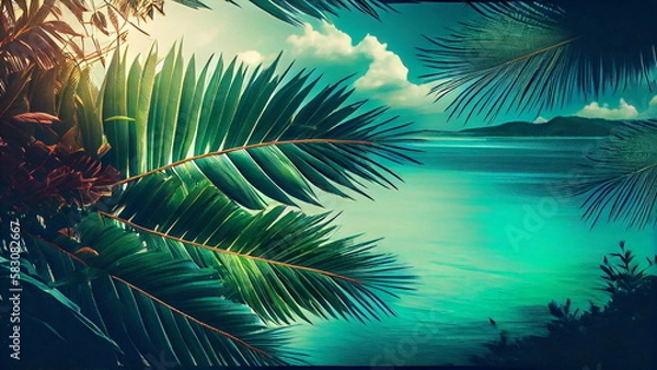 Fototapeta Branches of palm trees create shade in sand. Summer landscape of tropical island with Generative AI.