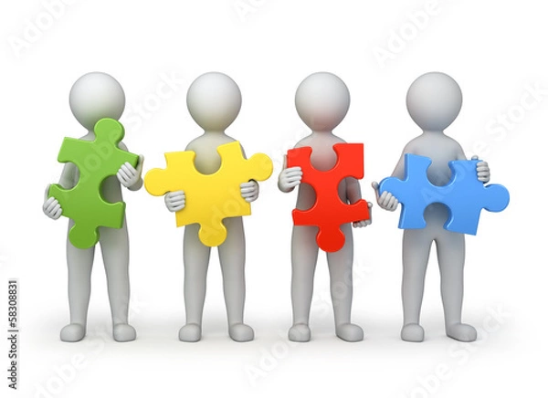Fototapeta teamwork, four persons with different puzzles. work path