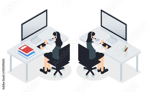 Fototapeta カスタマーサポート（女性）のアイソメトリックイラスト