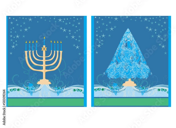 Obraz Pair of Happy Holidays! cards with Christmas tree and Channuka c