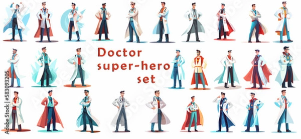 Obraz Set of illustrations of male Doctor super-hero in a medical uniform, National doctors day celebration. Vector isolated cartoon style drawing.
