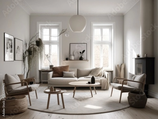 Fototapeta Scandinavian interior style livng room with sofa, coffee table and decoration. Generatvie AI