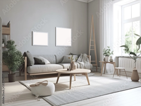 Fototapeta Comfy scandinavian interior living room design with furniture and decorations. Generative AI