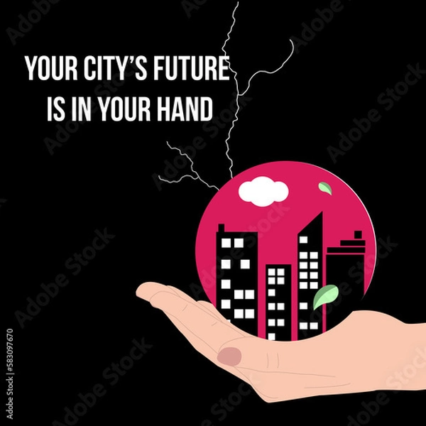 Fototapeta  Awareness illustration concept, campaign with positive message for city protection with hand holding magic sphere with bulildings inside.  Poster with symbolism of seeing the future.