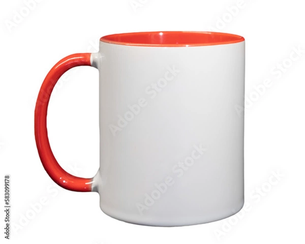 Obraz White ceramic cylindrical mug cup with red handle close-up isolated on a transparent background clean for layout and design, inscriptions and pictures.