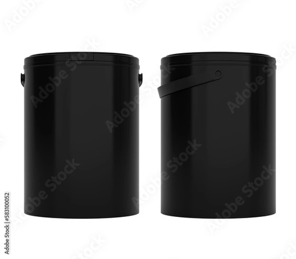 Fototapeta Front and side views of white, blank 1l plastic paint can / bucket / container with handle, with no label, image without background.	 
