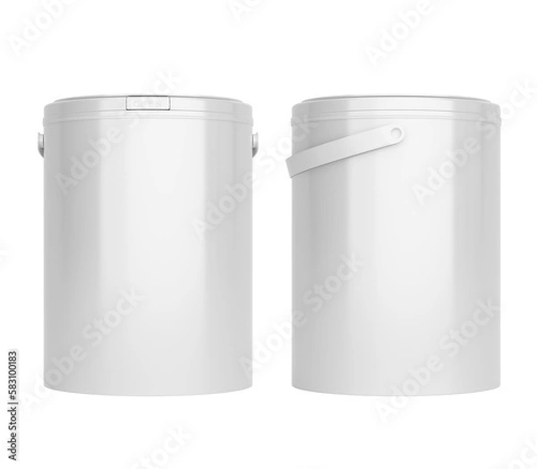 Fototapeta Front and side views of white, blank 1l plastic paint can / bucket / container with handle, with no label, image without background.	 
